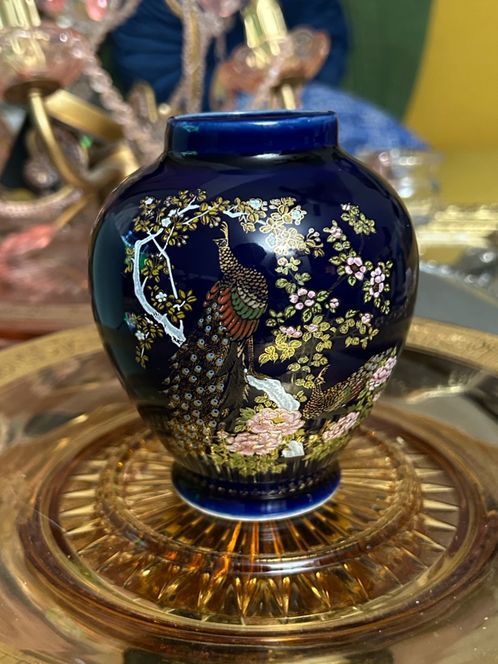 Vintage MCM Cobalt Blue Yamaji Japanese Peacock Vase, 4.5”